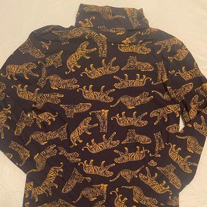 J. Crew Turtleneck Stretch Cotton Shirt in Navy / Orange Tiger Print Sz S
